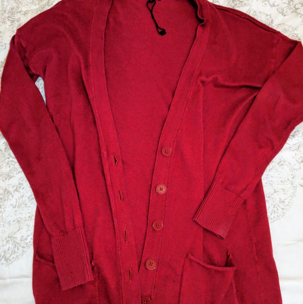 Red tunic length button down cardigan